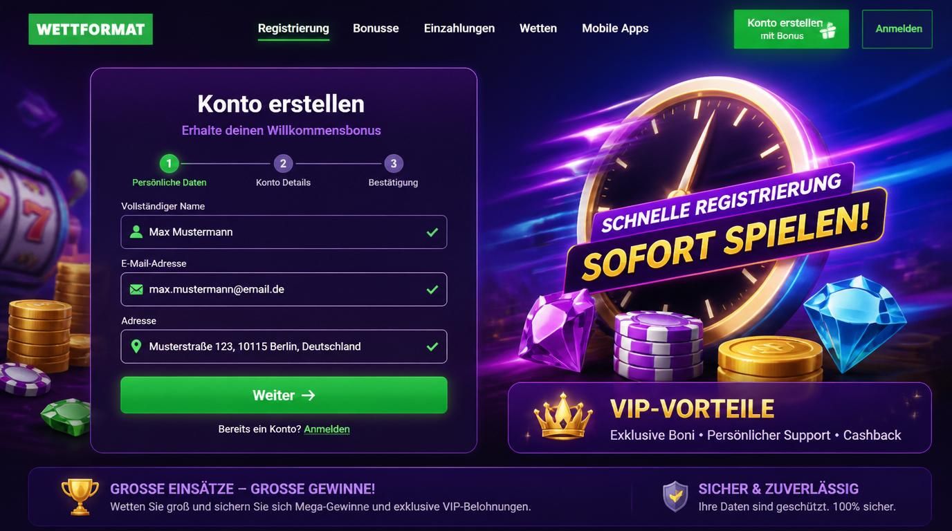 Anmeldungsformular mit VIP Symbol und schneller Geschwindigkeit