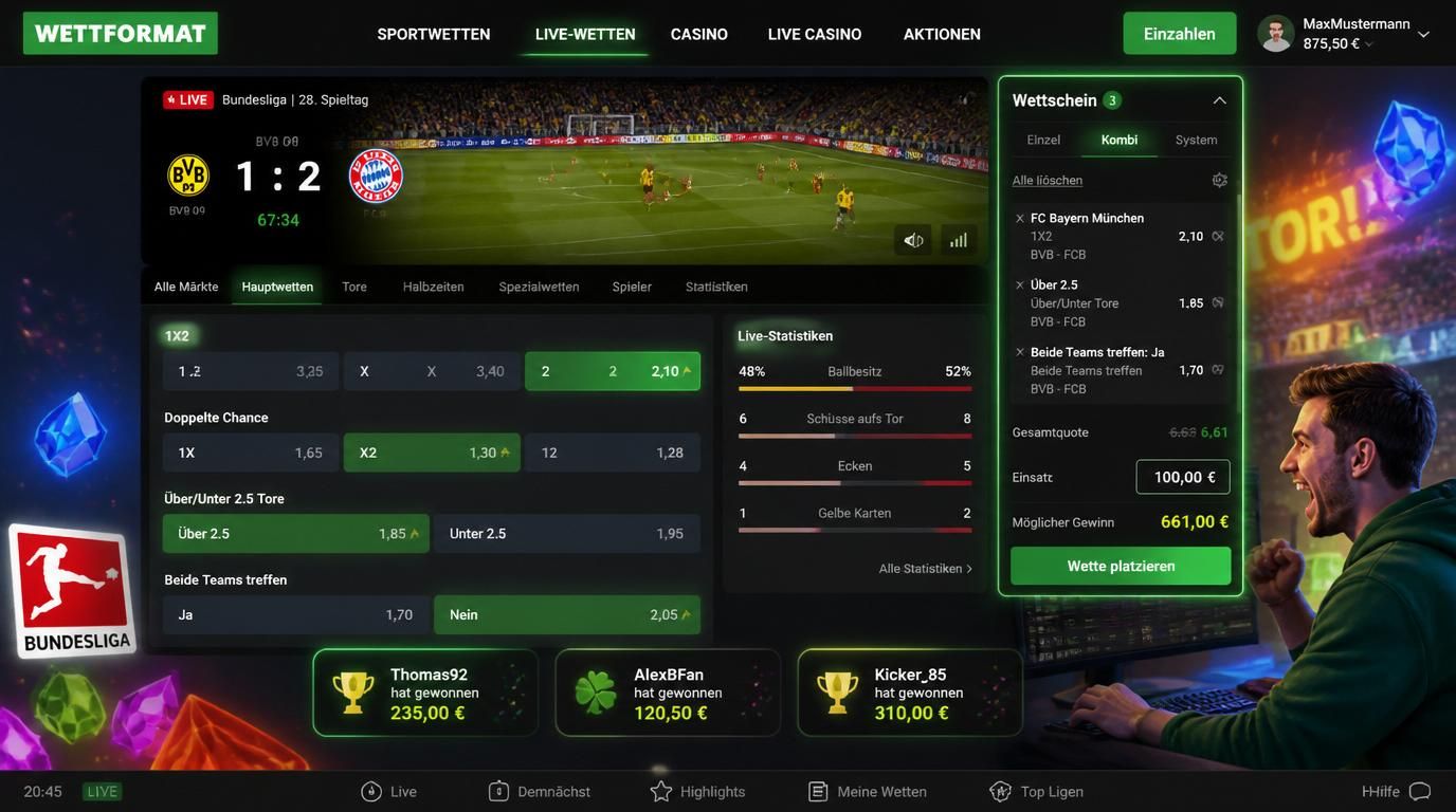 Ein Live-Wettbildschirm mit sich ändernden Quoten und Fußballspiel in Deutschland