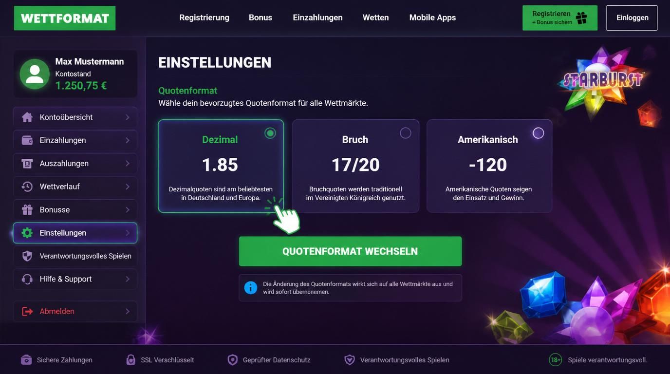 Einstellungen zur Quotenanzeige mit verschiedenen Formaten im deutschen Wettkonto