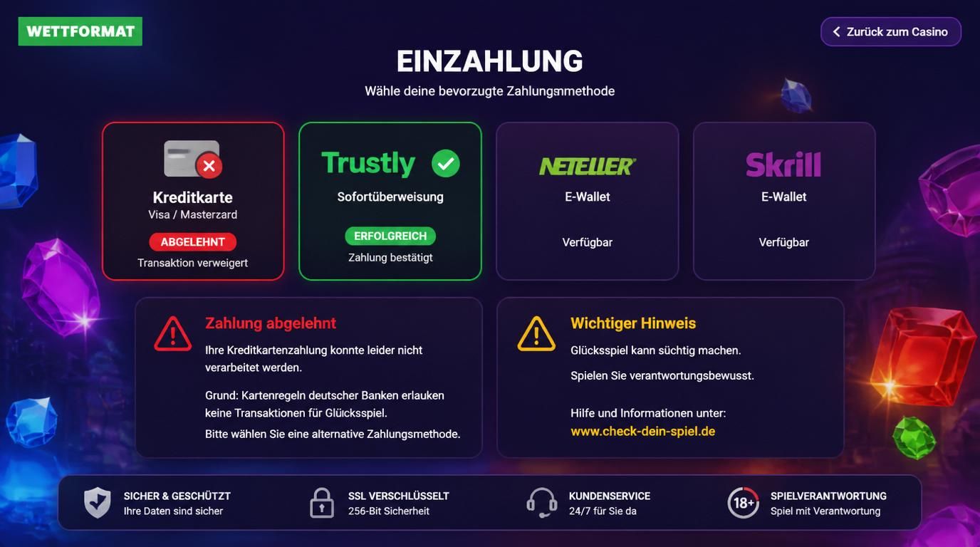 Eine Grafik, die zeigt, wie Transaktionen abgelehnt werden, mit Bankregel-Warnungen und alternativen Lösungen wie Trustly