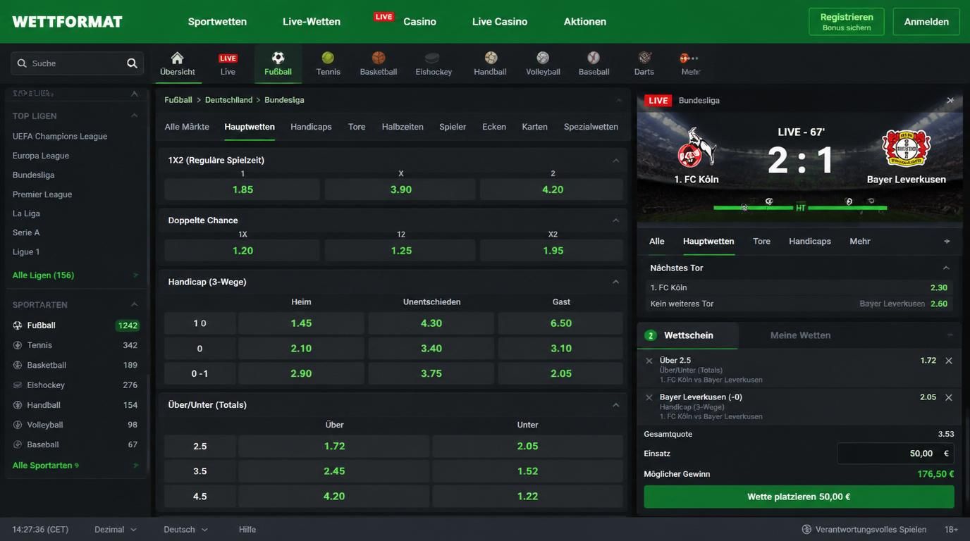 Screenshot einer Wettplattform mit deutschen Texten und Live-Quoten
