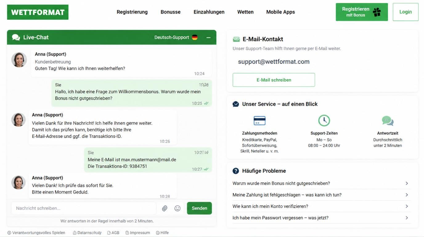 Bildschirm mit Support-Kanälen auf Deutsch